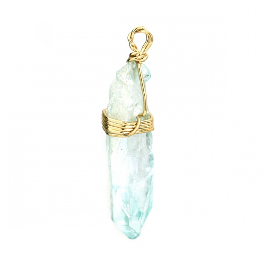 Picture of (Grade B) Crystal ( Natural ) Pendants Gold Plated Light Blue Geometric Wrapped 3.6cm x 1cm, 1 Piece