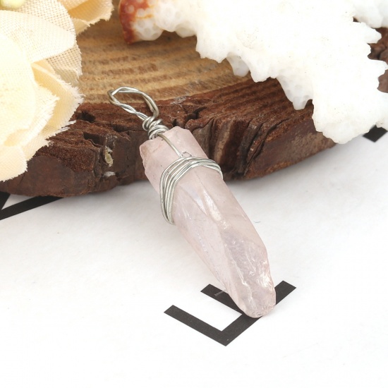 Picture of (Grade B) Crystal ( Natural ) Pendants Silver Tone Light Pink Geometric Wrapped 3.2cm x 1cm, 1 Piece