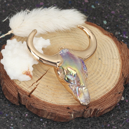 Picture of Copper & Glass Pendants Cow Animal Gold Plated Transparent Clear 5.5cm x 4.5cm, 1 Piece