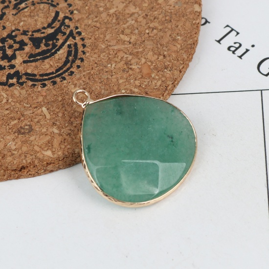 Picture of (Grade B) Stone ( Natural ) Pendants Gold Plated Green Drop 3.3cm x 2.9cm, 1 Piece