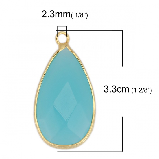 Picture of Copper & Glass Pendants Drop Gold Plated Light Blue 3.3cm x 1.6cm, 1 Piece
