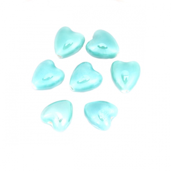 Picture of Ceramic Beads Heart Green Blue About 13mm x 12mm, Hole: Approx 1.9mm, 20 PCs