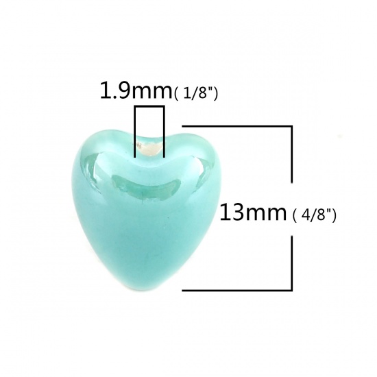 Imagen de Cuentas Cerámica de Corazón , Verde Azul 13mm x 12mm, Agujero: acerca de 1.9mm, 20 Unidades