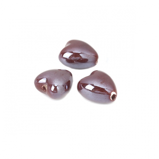 Picture of Ceramic Beads Heart Dark Coffee About 13mm x 12mm, Hole: Approx 1.9mm, 20 PCs