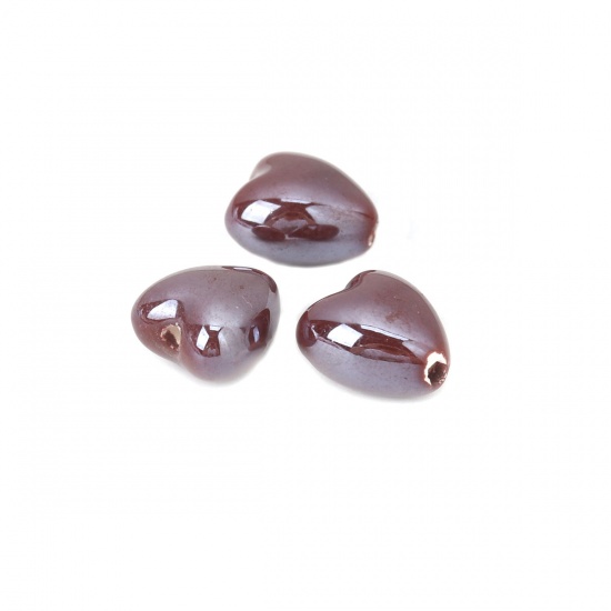 Immagine di Ceramica Diatanziale Perline Cuore Caffè Scuro Circa 13mm x 12mm, Foro: Circa 1.9mm, 20 Pz