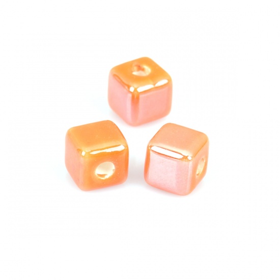 Immagine di Ceramica Diatanziale Perline Quadrato Arancione Circa 8mm x 8mm, Foro: Circa 2.4mm, 30 Pz