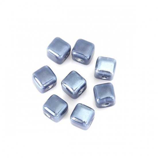 Immagine di Ceramica Diatanziale Perline Quadrato Blu Scuro Circa 8mm x 8mm, Foro: Circa 2.4mm, 30 Pz