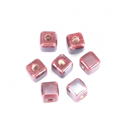 Picture of Ceramic Beads Square Fuchsia About 8mm x 8mm, Hole: Approx 2.4mm, 30 PCs