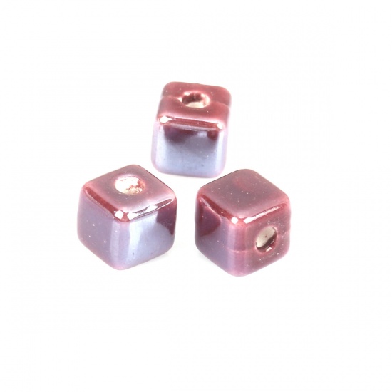 Immagine di Ceramica Diatanziale Perline Quadrato Colore Fuscia Circa 8mm x 8mm, Foro: Circa 2.4mm, 30 Pz