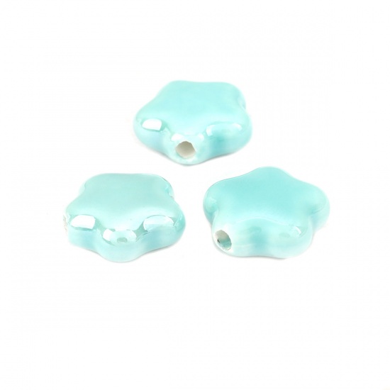 Immagine di Ceramica Diatanziale Perline Fiore Verde Blu Circa 15mm x 14mm, Foro: Circa 2.2mm, 20 Pz