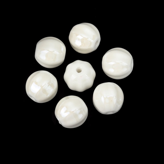 Immagine di Ceramica Diatanziale Perline Tondo Bianco Striscia Disegno Come 14mm Dia, Foro: Circa 2.3mm, 20 Pz