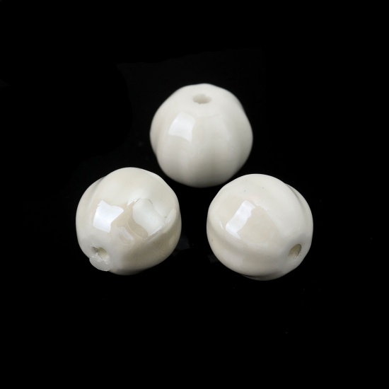 Immagine di Ceramica Diatanziale Perline Tondo Bianco Striscia Disegno Come 14mm Dia, Foro: Circa 2.3mm, 20 Pz