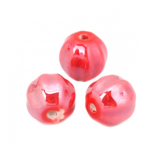 Immagine di Ceramica Diatanziale Perline Tondo Rosso Striscia Disegno Come 14mm Dia, Foro: Circa 2.3mm, 20 Pz