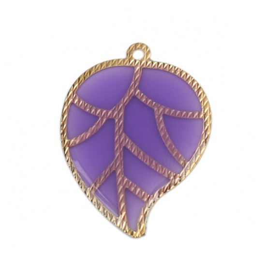 Imagen de Latón & Resina Colgantes Charms Chapado en Oro Púrpura Hoja 26mm x 19mm, 5 Unidades