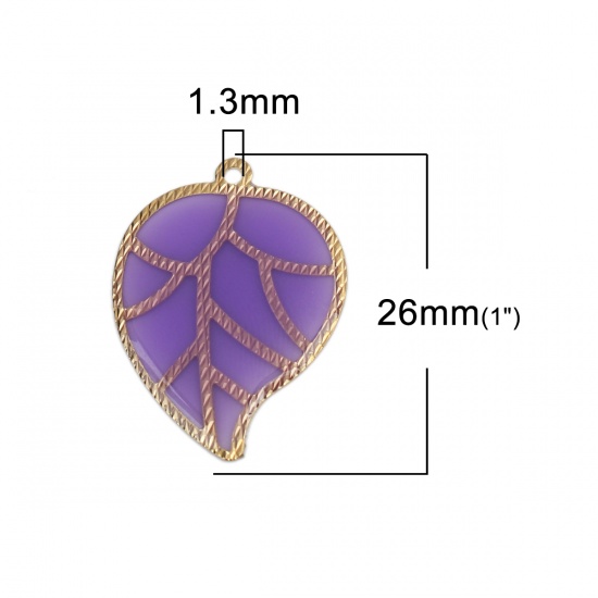Imagen de Latón & Resina Colgantes Charms Chapado en Oro Púrpura Hoja 26mm x 19mm, 5 Unidades