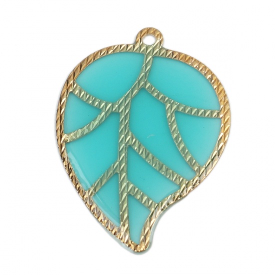 Imagen de Latón & Resina Colgantes Charms Chapado en Oro Verde Azul Hoja 26mm x 19mm, 5 Unidades