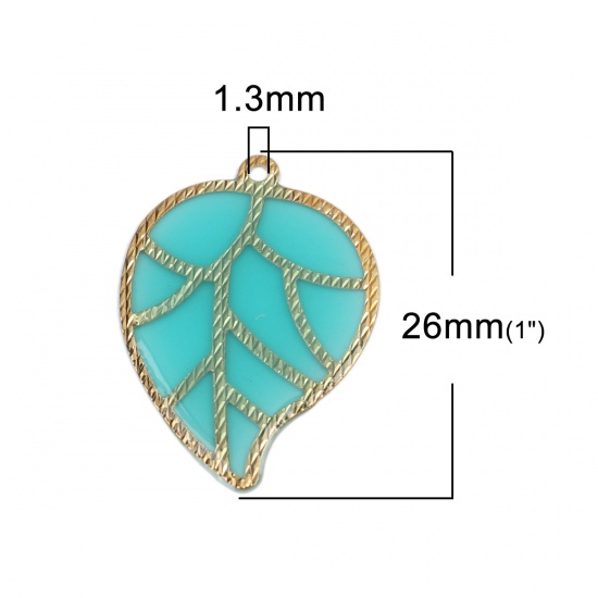 Imagen de Latón & Resina Colgantes Charms Chapado en Oro Verde Azul Hoja 26mm x 19mm, 5 Unidades