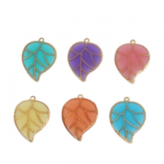 Imagen de Latón & Resina Colgantes Charms Chapado en Oro Verde Azul Hoja 26mm x 19mm, 5 Unidades