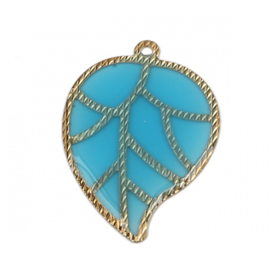 Imagen de Latón & Resina Colgantes Charms Chapado en Oro Azul Hoja Esmalte 26mm x 19mm, 5 Unidades