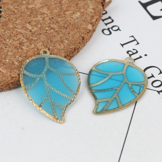 Imagen de Latón & Resina Colgantes Charms Chapado en Oro Azul Hoja Esmalte 26mm x 19mm, 5 Unidades