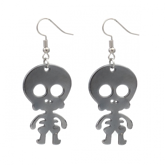 Picture of Halloween Earrings Gunmetal Skeleton Skull 6cm x 2.3cm, Post/ Wire Size: (21 gauge), 1 Pair