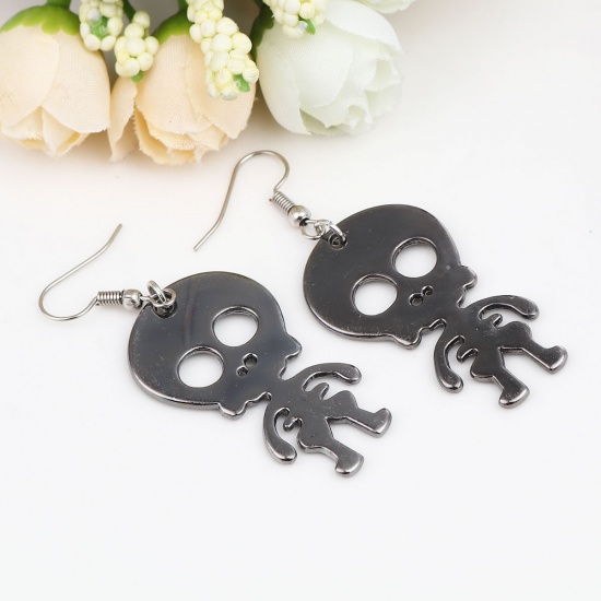 Picture of Halloween Earrings Gunmetal Skeleton Skull 6cm x 2.3cm, Post/ Wire Size: (21 gauge), 1 Pair