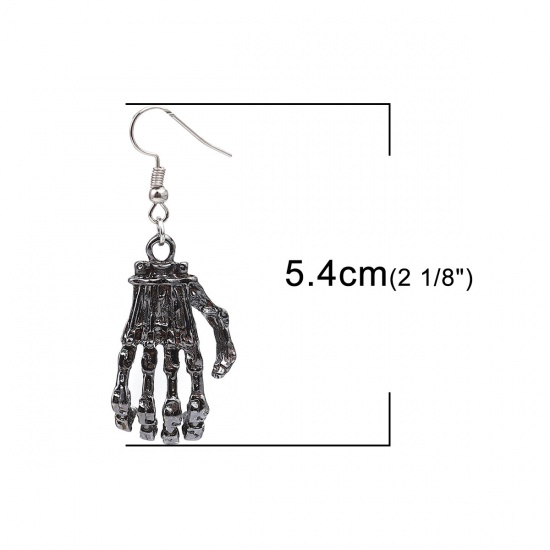 Picture of Halloween Earrings Gunmetal Skeleton Hand 5.4cm x 2.2cm, Post/ Wire Size: (21 gauge), 1 Pair