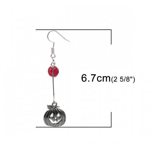 Picture of Halloween Earrings Gunmetal Red Pumpkin 6.7cm x 1.6cm, Post/ Wire Size: (21 gauge), 1 Pair