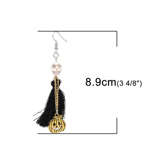 Picture of Halloween Earrings Antique Silver Black Skull Tassel 8.9cm x 1.6cm, Post/ Wire Size: (21 gauge), 1 Pair