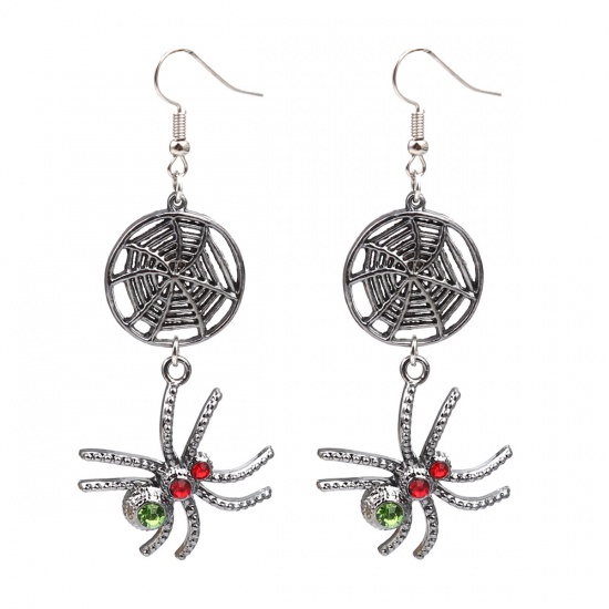 Picture of Halloween Earrings Gunmetal Cobweb Spider Red & Green Rhinestone 8cm x 3.1cm, Post/ Wire Size: (21 gauge), 1 Pair