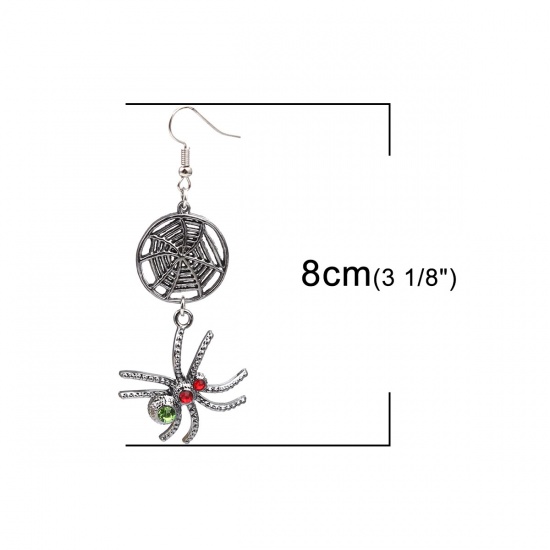 Picture of Halloween Earrings Gunmetal Cobweb Spider Red & Green Rhinestone 8cm x 3.1cm, Post/ Wire Size: (21 gauge), 1 Pair