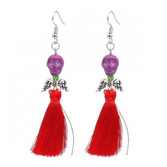 Picture of Halloween Earrings Antique Silver Color Purple Skull Tassel 9.4cm x 1.3cm, Post/ Wire Size: (21 gauge), 1 Pair