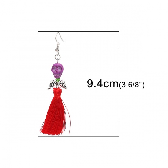 Picture of Halloween Earrings Antique Silver Color Purple Skull Tassel 9.4cm x 1.3cm, Post/ Wire Size: (21 gauge), 1 Pair