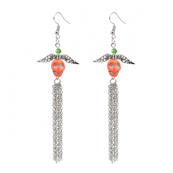 Picture of Halloween Earrings Antique Silver Orange Skull Tassel 11.4cm x 3.2cm, Post/ Wire Size: (21 gauge), 1 Pair