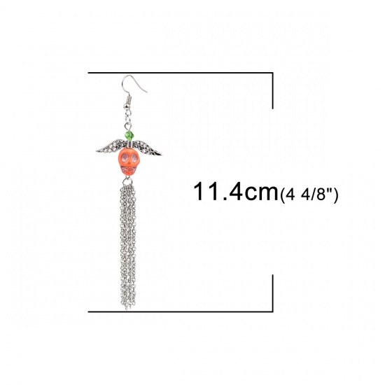 Picture of Halloween Earrings Antique Silver Orange Skull Tassel 11.4cm x 3.2cm, Post/ Wire Size: (21 gauge), 1 Pair