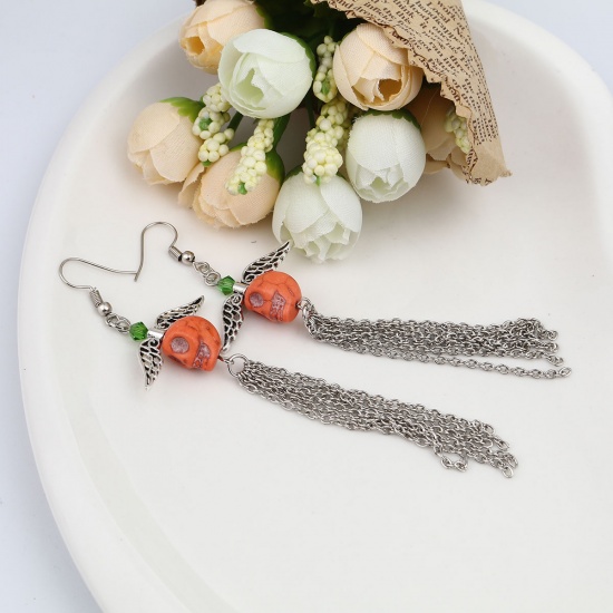 Picture of Halloween Earrings Antique Silver Orange Skull Tassel 11.4cm x 3.2cm, Post/ Wire Size: (21 gauge), 1 Pair