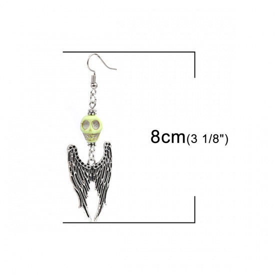 Picture of Halloween Earrings Antique Silver Green Skeleton Skull Wing (Can Hold ss4 Pointed Back Rhinestone) 8cm x 2.2cm, Post/ Wire Size: (21 gauge), 1 Pair