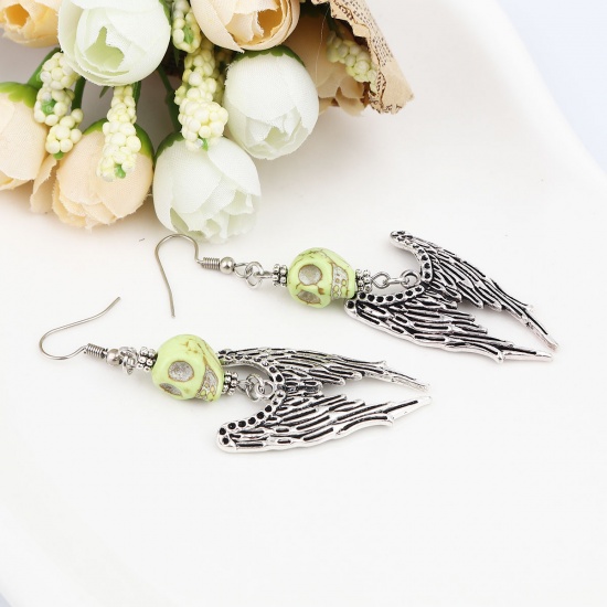 Picture of Halloween Earrings Antique Silver Green Skeleton Skull Wing (Can Hold ss4 Pointed Back Rhinestone) 8cm x 2.2cm, Post/ Wire Size: (21 gauge), 1 Pair