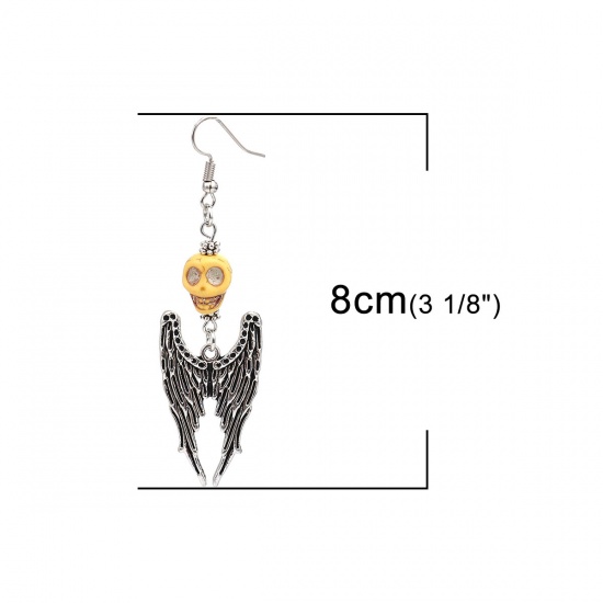 Picture of Halloween Earrings Antique Silver Yellow Skeleton Skull Wing (Can Hold ss4 Pointed Back Rhinestone) 8cm x 2.2cm, Post/ Wire Size: (21 gauge), 1 Pair
