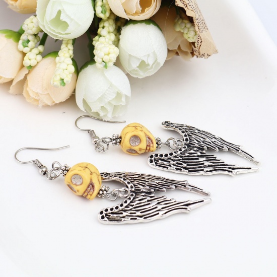 Picture of Halloween Earrings Antique Silver Yellow Skeleton Skull Wing (Can Hold ss4 Pointed Back Rhinestone) 8cm x 2.2cm, Post/ Wire Size: (21 gauge), 1 Pair