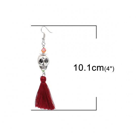 Picture of Halloween Earrings Antique Silver Wine Red Skull Tassel 10.1cm x 1.4cm, Post/ Wire Size: (21 gauge), 1 Pair