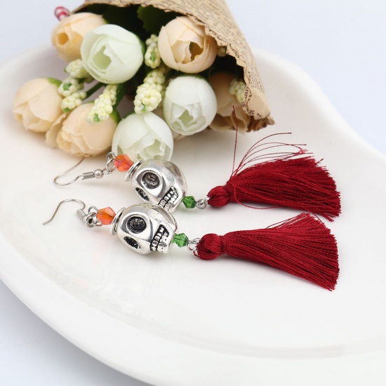 Picture of Halloween Earrings Antique Silver Wine Red Skull Tassel 10.1cm x 1.4cm, Post/ Wire Size: (21 gauge), 1 Pair