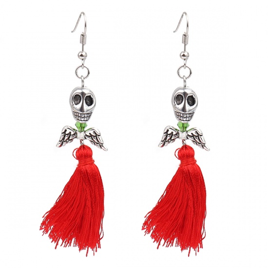 Picture of Halloween Earrings Antique Silver Red Skull Tassel 9.4cm x 1.3cm, Post/ Wire Size: (21 gauge), 1 Pair