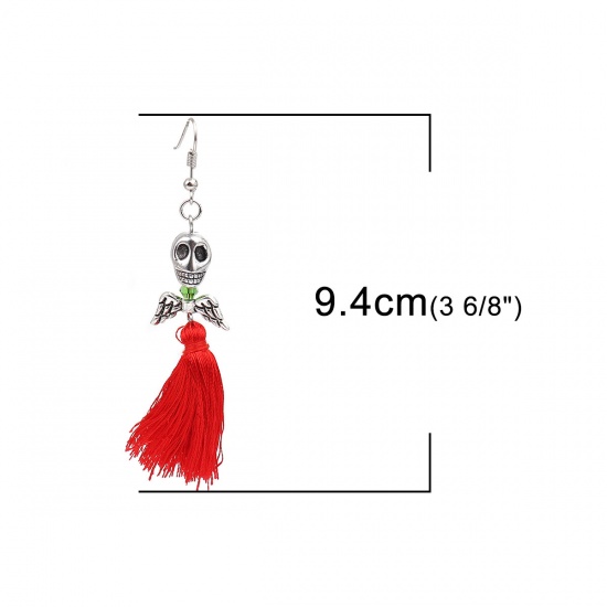 Picture of Halloween Earrings Antique Silver Red Skull Tassel 9.4cm x 1.3cm, Post/ Wire Size: (21 gauge), 1 Pair