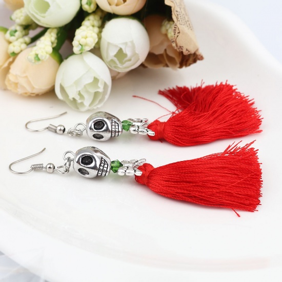 Picture of Halloween Earrings Antique Silver Red Skull Tassel 9.4cm x 1.3cm, Post/ Wire Size: (21 gauge), 1 Pair