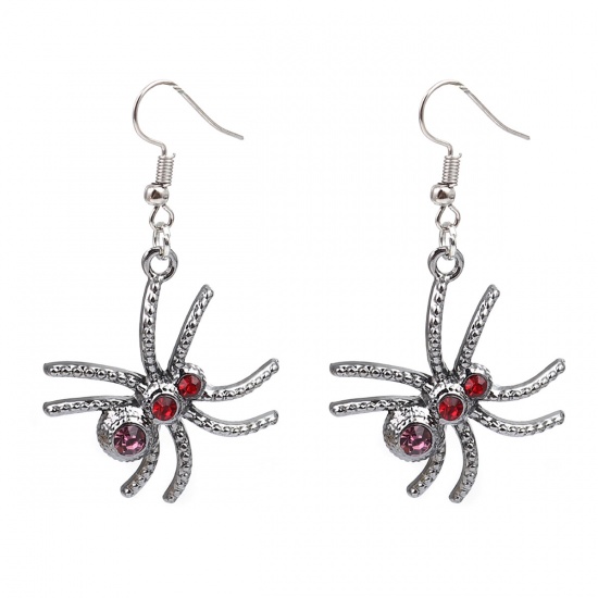 Picture of Halloween Earrings Gunmetal Spider Animal Red Rhinestone 5.4cm x 3.1cm, Post/ Wire Size: (21 gauge), 1 Pair