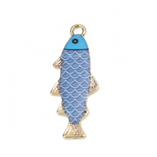 Picture of Zinc Based Alloy Ocean Jewelry Charms Fish Animal Gold Plated Blue Violet Enamel 27mm x 11mm, 10 PCs
