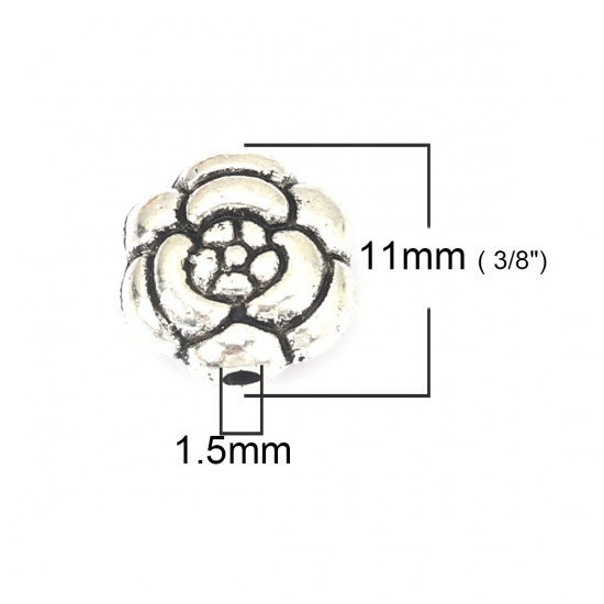 Picture of Zinc Based Alloy Beads Rose Flower Antique Silver About 11mm x 11mm, Hole: Approx 1.5mm, 25 PCs