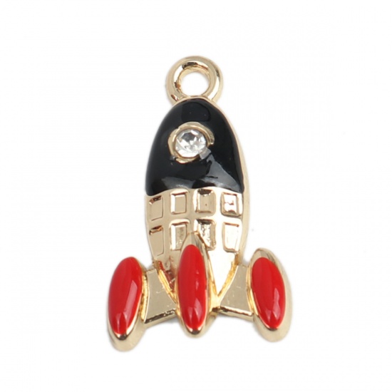 Picture of Zinc Based Alloy Galaxy Charms Rocket Gold Plated Black & Red Enamel Clear Rhinestone 23mm x 14mm, 10 PCs