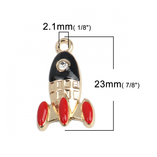 Picture of Zinc Based Alloy Galaxy Charms Rocket Gold Plated Black & Red Enamel Clear Rhinestone 23mm x 14mm, 10 PCs